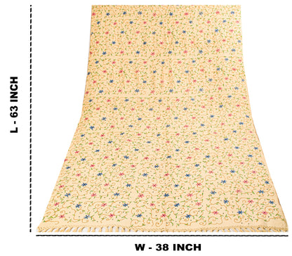 Sanskriti Vintage Long Cream Kashmiri Pure Woolen Hand Embroidered Aari Shawl