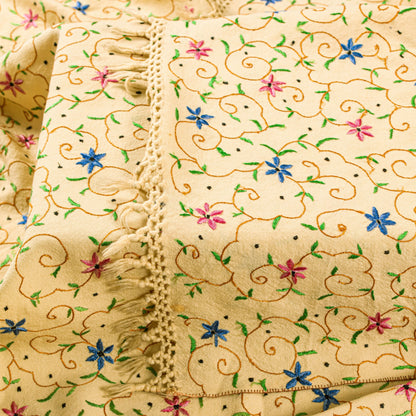 Sanskriti Vintage Long Cream Kashmiri Pure Woolen Hand Embroidered Aari Shawl