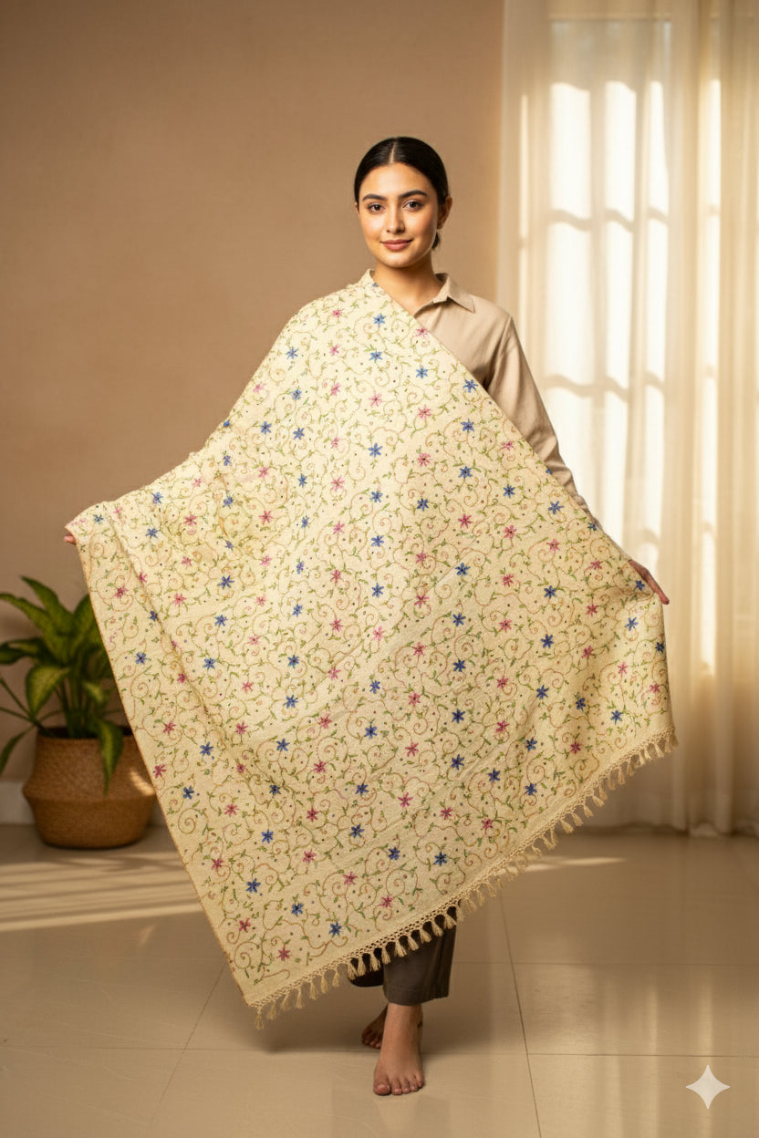 Sanskriti Vintage Long Cream Kashmiri Pure Woolen Hand Embroidered Aari Shawl