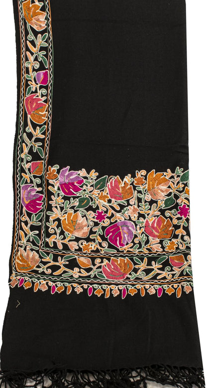 Sanskriti Vintage Black 100%Pure Wool Shawl Kashmiri Aari Embroidered Soft Stole