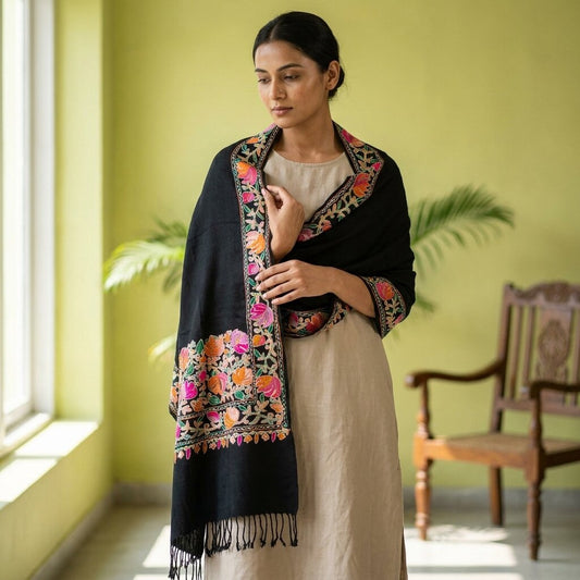 Sanskriti Vintage Black 100%Pure Wool Shawl Kashmiri Aari Embroidered Soft Stole