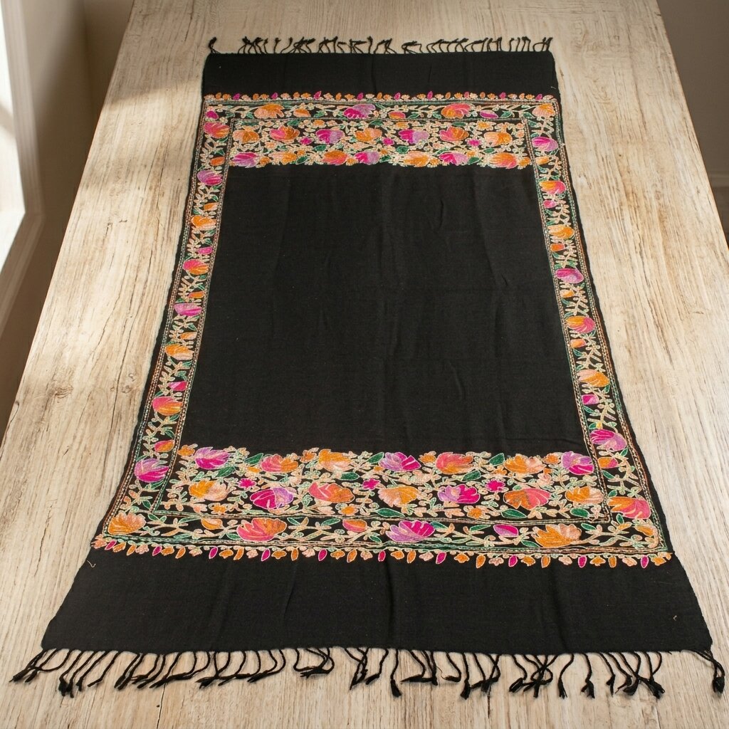 Sanskriti Vintage Black 100%Pure Wool Shawl Kashmiri Aari Embroidered Soft Stole