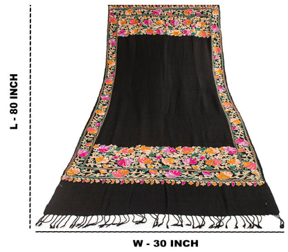 Sanskriti Vintage Black 100%Pure Wool Shawl Kashmiri Aari Embroidered Soft Stole