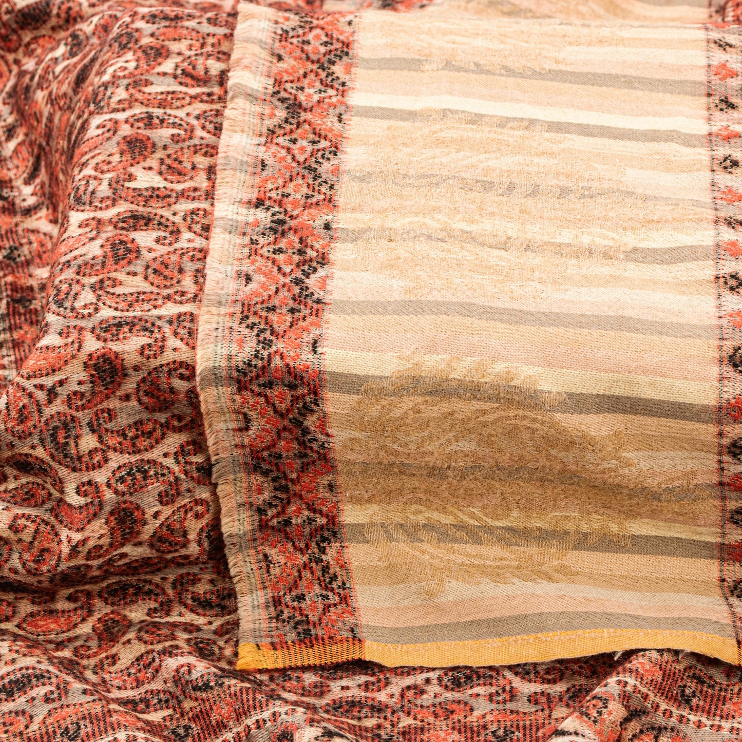 Sanskriti Vintage Long Peach & Cream Hand Woven Shawl Scarf Throw Woolen Stole