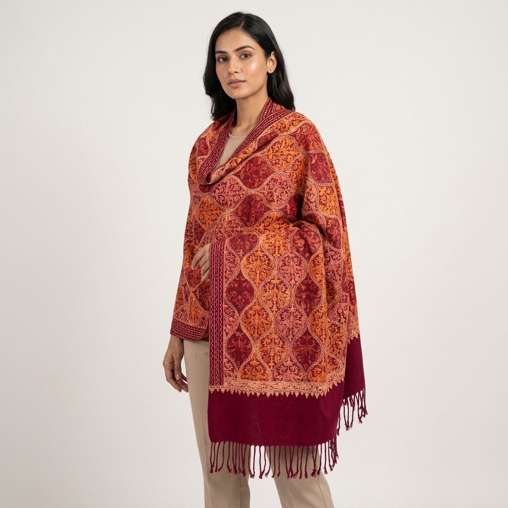 Sanskriti Vintage Dark Red Wool Shawl Kashmiri Ari Embroidered Traditional Stole