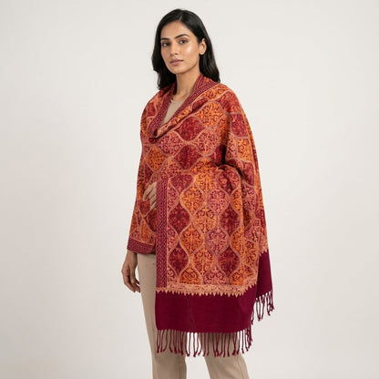 Sanskriti Vintage Dark Red Wool Shawl Kashmiri Ari Embroidered Traditional Stole