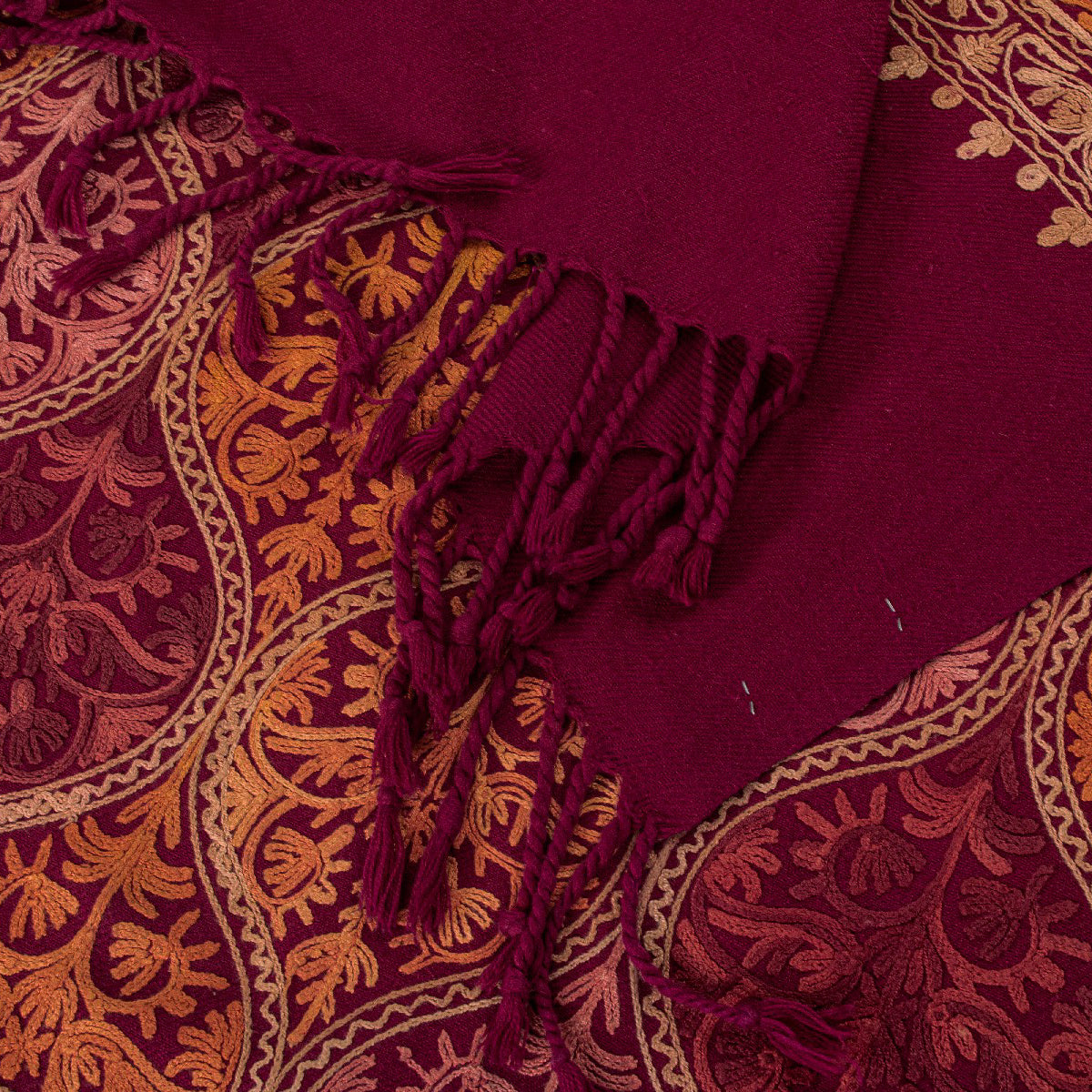Sanskriti Vintage Dark Red Wool Shawl Kashmiri Ari Embroidered Traditional Stole