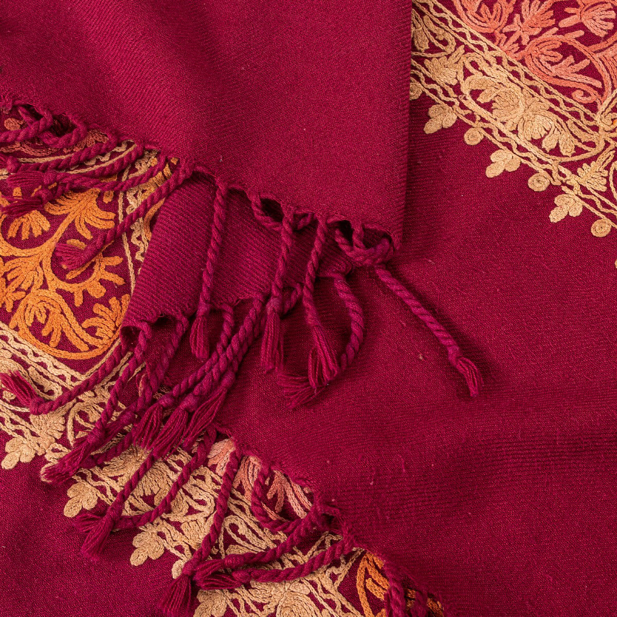 Sanskriti Vintage Dark Red Wool Shawl Kashmiri Ari Embroidered Traditional Stole