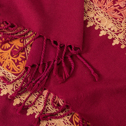 Sanskriti Vintage Dark Red Wool Shawl Kashmiri Ari Embroidered Traditional Stole