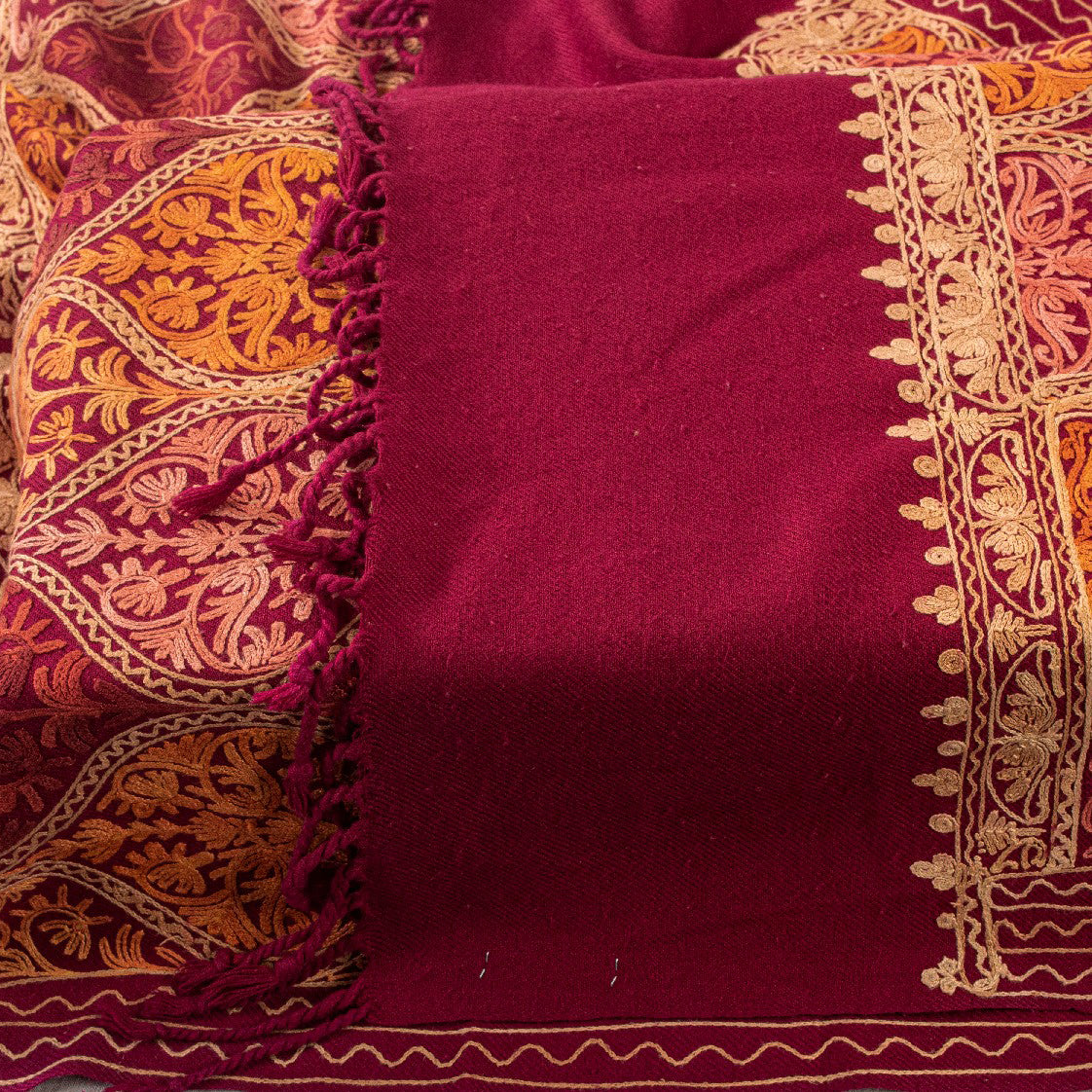 Sanskriti Vintage Dark Red Wool Shawl Kashmiri Ari Embroidered Traditional Stole