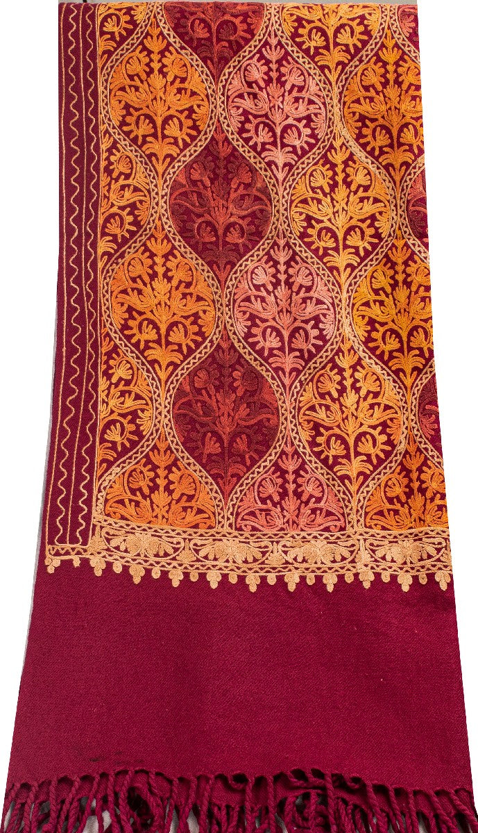 Sanskriti Vintage Dark Red Wool Shawl Kashmiri Ari Embroidered Traditional Stole