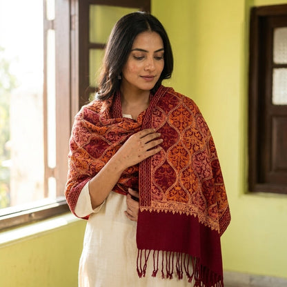Sanskriti Vintage Dark Red Wool Shawl Kashmiri Ari Embroidered Traditional Stole