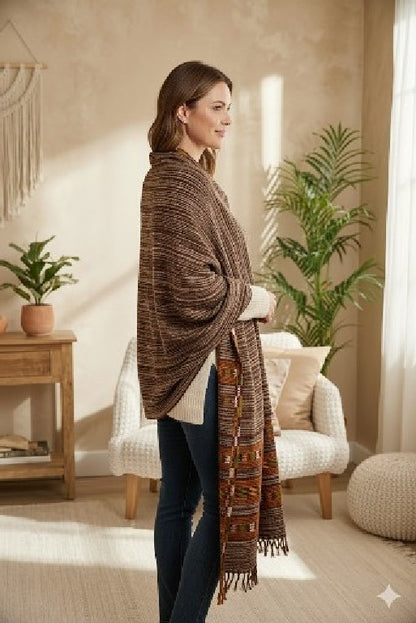 Sanskriti Vintage Long Brown Pure Woolen Shawl Woven Indian Scarf Sewing Stole