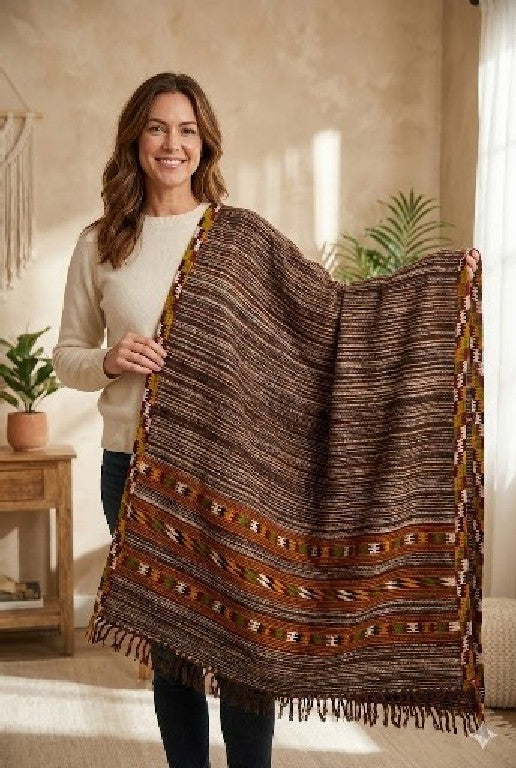 Sanskriti Vintage Long Brown Pure Woolen Shawl Woven Indian Scarf Sewing Stole