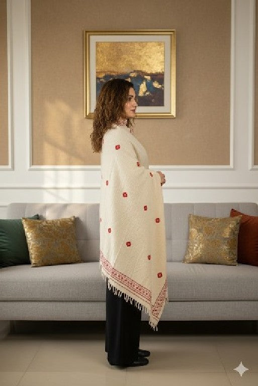 Sanskriti Vintage Long Cream Pure Handloom Shawl Hand Embroidered Scarf Stole