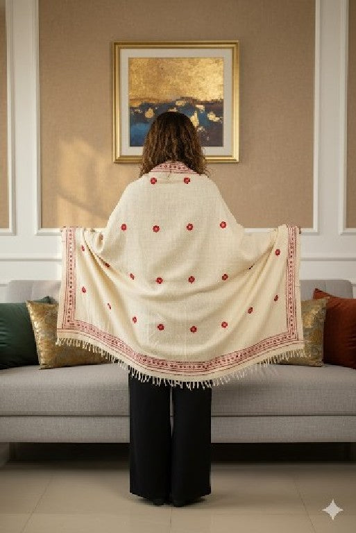 Sanskriti Vintage Long Cream Pure Handloom Shawl Hand Embroidered Scarf Stole