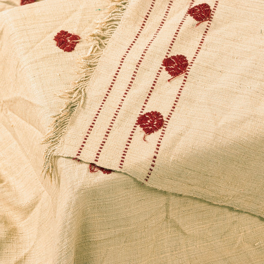 Sanskriti Vintage Long Cream Pure Handloom Shawl Hand Embroidered Scarf Stole