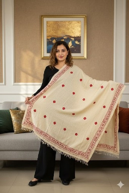 Sanskriti Vintage Long Cream Pure Handloom Shawl Hand Embroidered Scarf Stole