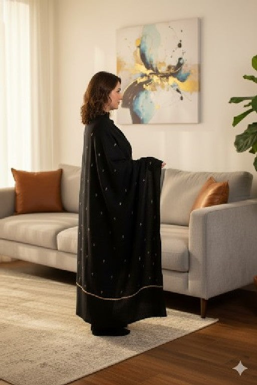 Sanskriti Vintage Long Black Pure Woolen Hand Embroidered Suzani NeckShawl Stole