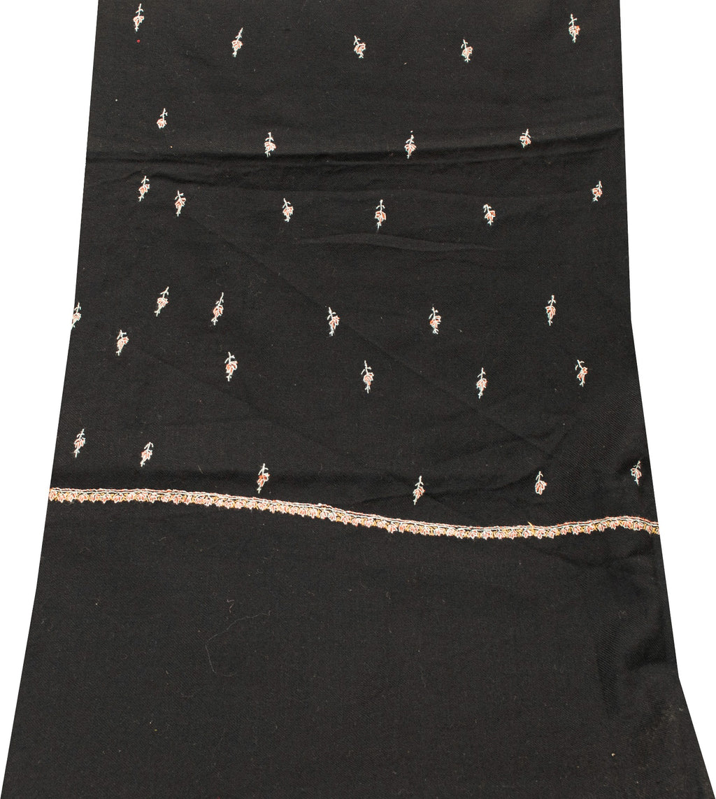 Sanskriti Vintage Long Black Pure Woolen Hand Embroidered Suzani NeckShawl Stole