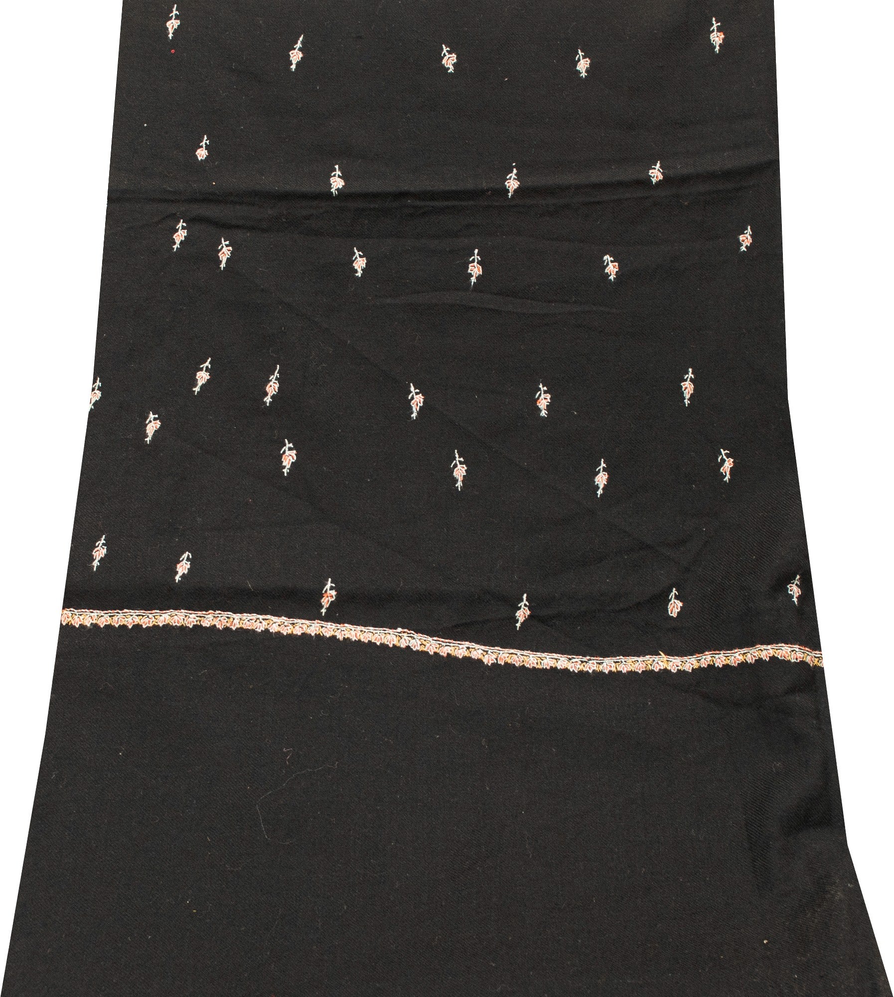 Sanskriti Vintage Long Black Pure Woolen Hand Embroidered Suzani NeckShawl Stole