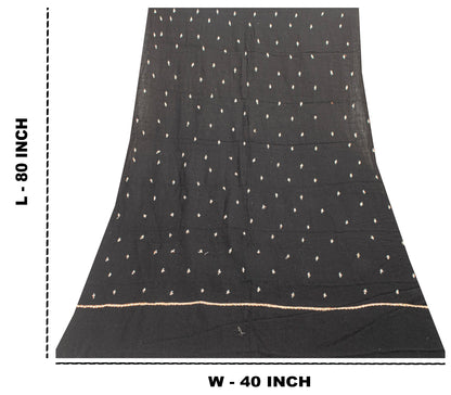 Sanskriti Vintage Long Black Pure Woolen Hand Embroidered Suzani NeckShawl Stole