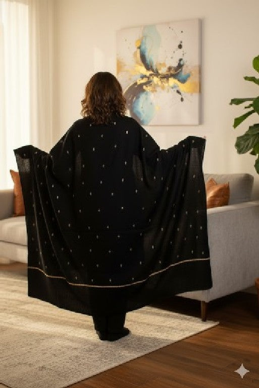 Sanskriti Vintage Long Black Pure Woolen Hand Embroidered Suzani NeckShawl Stole