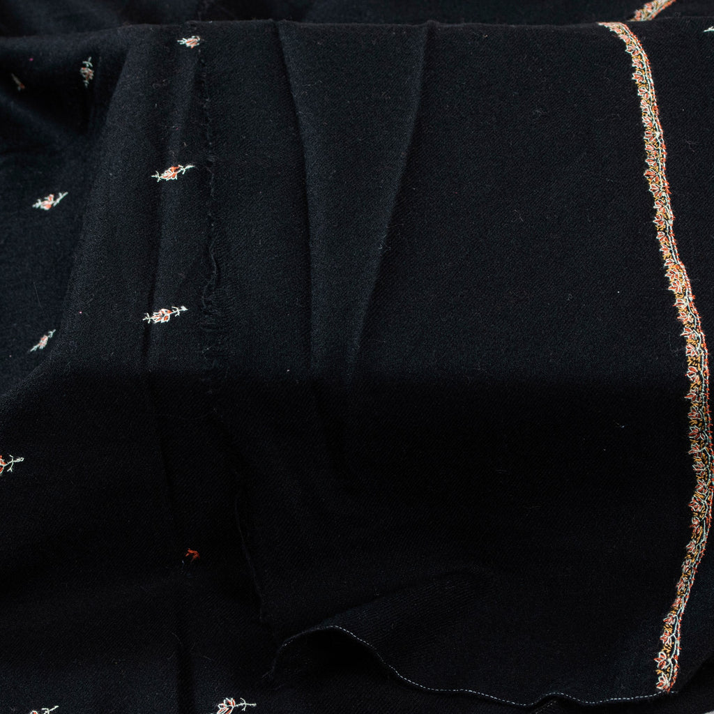 Sanskriti Vintage Long Black Pure Woolen Hand Embroidered Suzani NeckShawl Stole