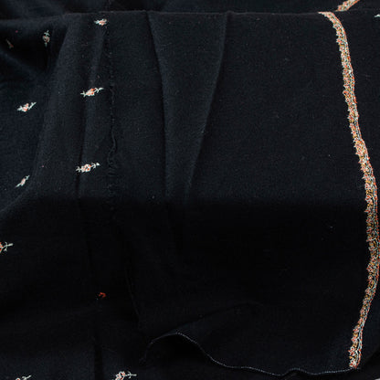 Sanskriti Vintage Long Black Pure Woolen Hand Embroidered Suzani NeckShawl Stole