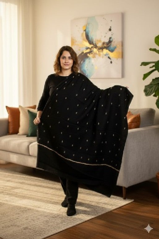 Sanskriti Vintage Long Black Pure Woolen Hand Embroidered Suzani NeckShawl Stole