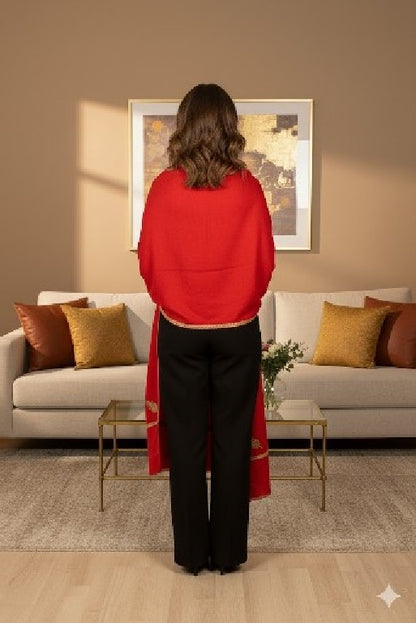 Sanskriti Vintage Long Red Pure Woolen Shawl Hand Embroidered Suzani Neck Stole