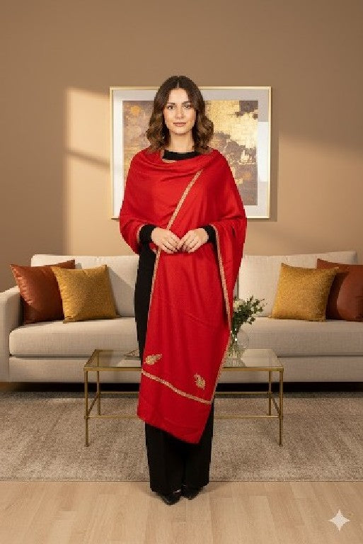 Sanskriti Vintage Long Red Pure Woolen Shawl Hand Embroidered Suzani Neck Stole