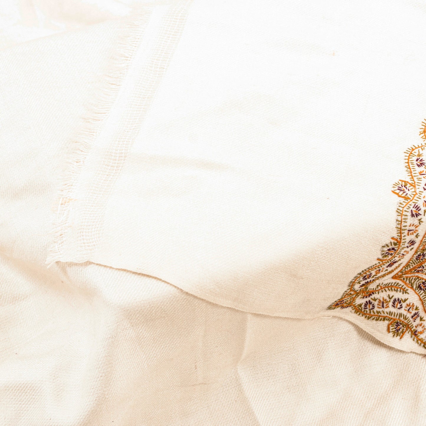 Sanskriti Vintage Long White Pure Woolen Hand Embroidery Suzani Head Shawl Stole