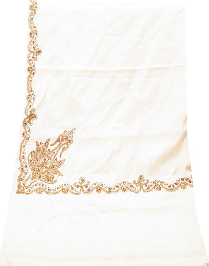 Sanskriti Vintage Long White Pure Woolen Hand Embroidery Suzani Head Shawl Stole