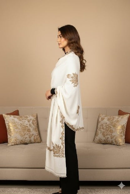 Sanskriti Vintage Long White Pure Woolen Hand Embroidery Suzani Head Shawl Stole