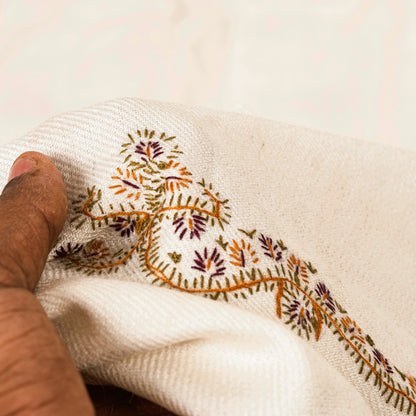 Sanskriti Vintage Long White Pure Woolen Hand Embroidery Suzani Head Shawl Stole