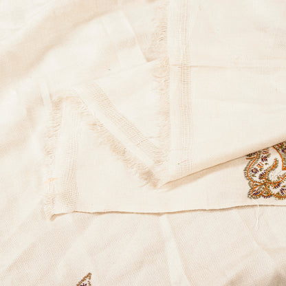 Sanskriti Vintage Long White Pure Woolen Hand Embroidery Suzani Head Shawl Stole