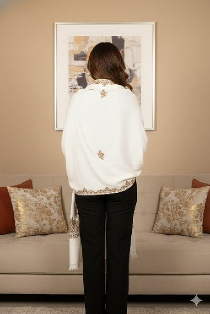Sanskriti Vintage Long White Pure Woolen Hand Embroidery Suzani Head Shawl Stole