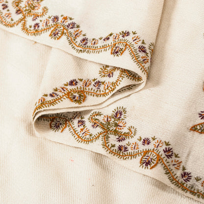 Sanskriti Vintage Long White Pure Woolen Hand Embroidery Suzani Head Shawl Stole