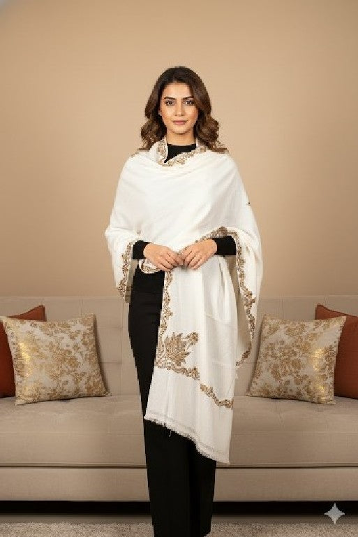 Sanskriti Vintage Long White Pure Woolen Hand Embroidery Suzani Head Shawl Stole