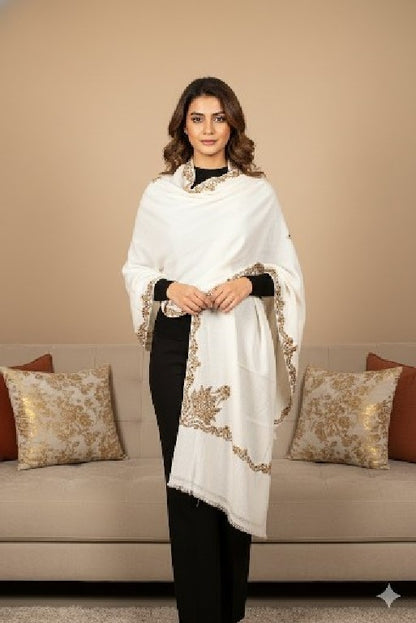 Sanskriti Vintage Long White Pure Woolen Hand Embroidery Suzani Head Shawl Stole
