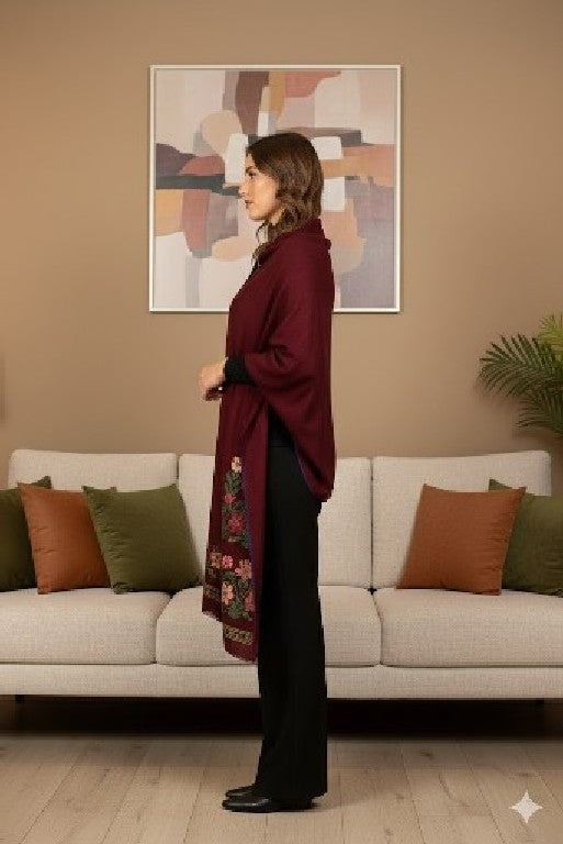 Sanskriti Vintage Long Dark Red Pure Woolen Shawl Hand Embroidered Head Stole