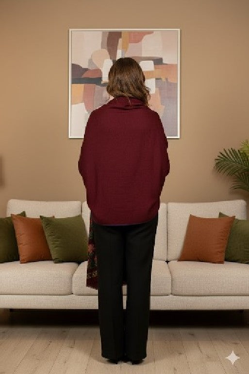 Sanskriti Vintage Long Dark Red Pure Woolen Shawl Hand Embroidered Head Stole