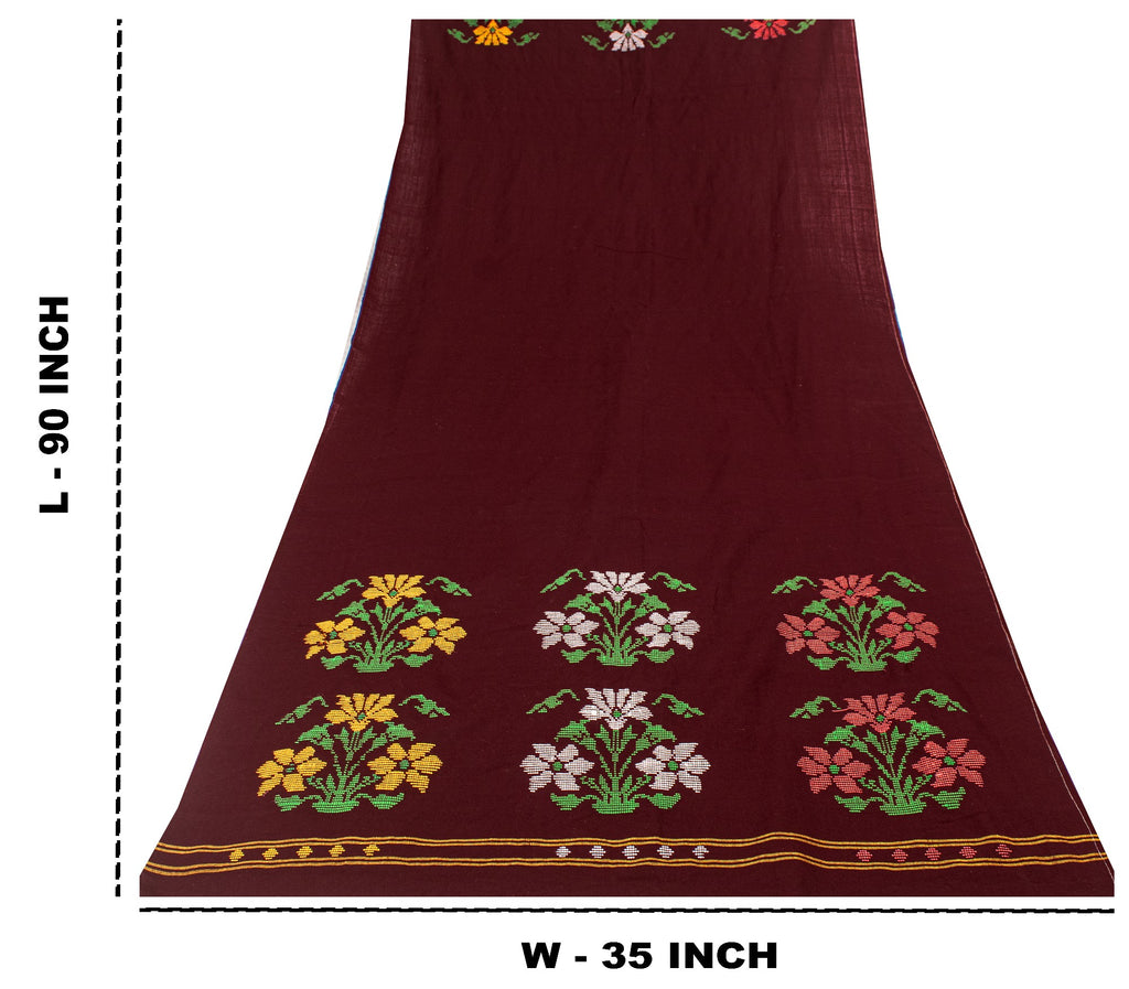 Sanskriti Vintage Long Dark Red Pure Woolen Shawl Hand Embroidered Head Stole