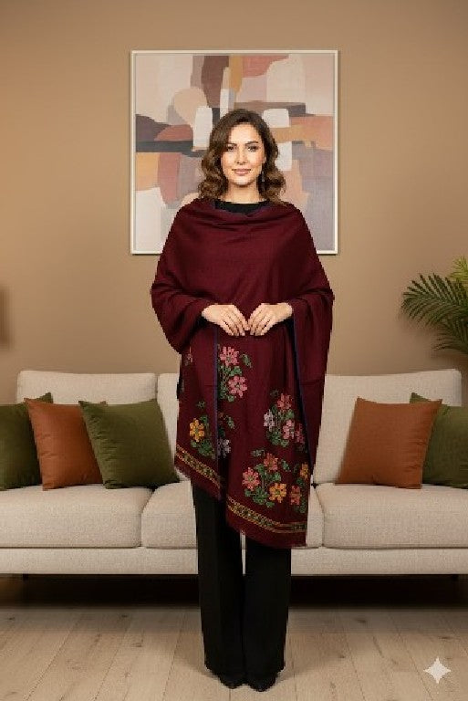 Sanskriti Vintage Long Dark Red Pure Woolen Shawl Hand Embroidered Head Stole