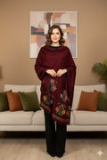 Sanskriti Vintage Long Dark Red Pure Woolen Shawl Hand Embroidered Head Stole