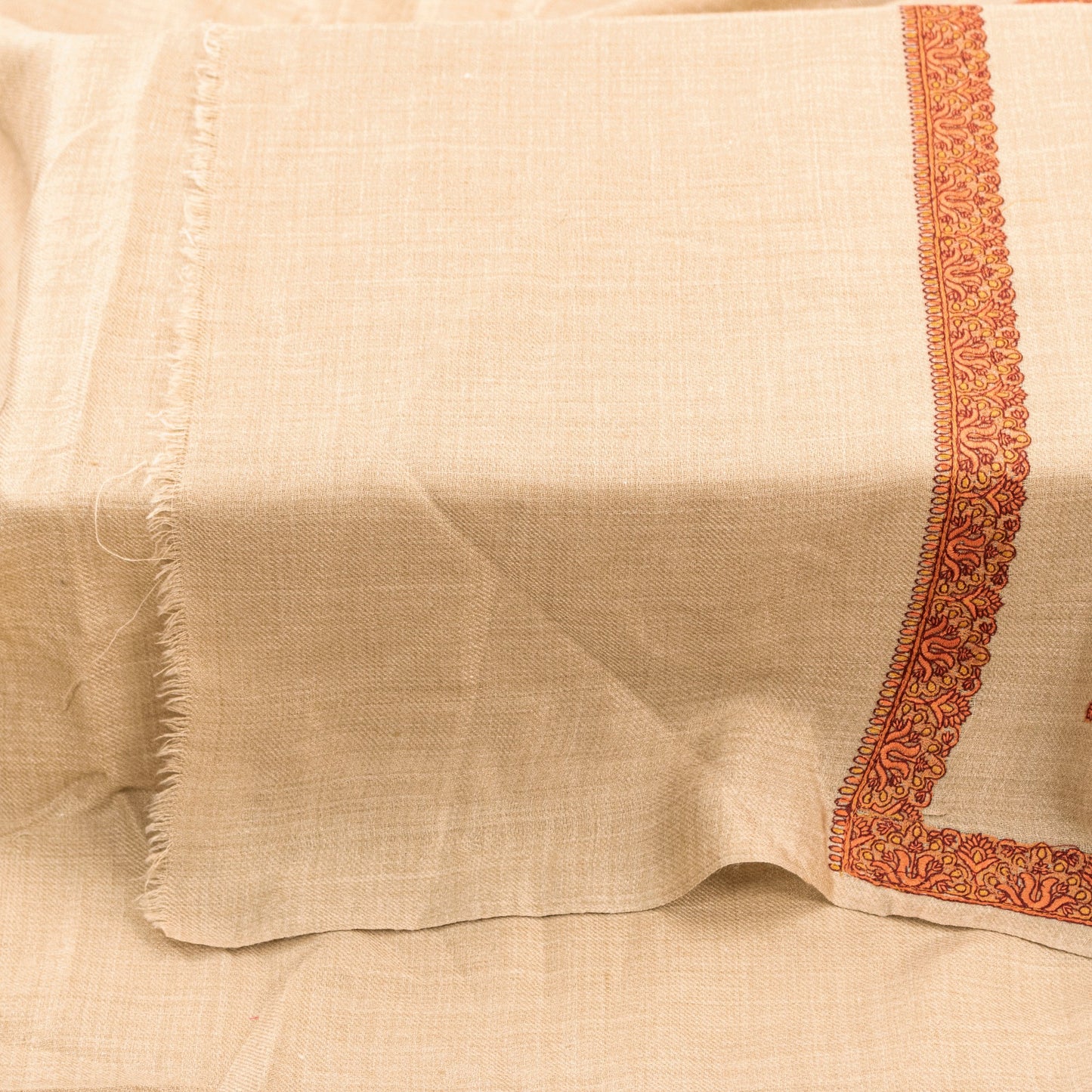 Sanskriti Vintage Long Ivory Pure Woolen Shawl Hand Embroidered Suzani NeckStole