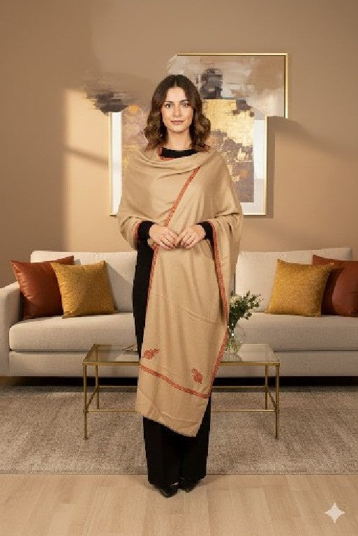 Sanskriti Vintage Long Ivory Pure Woolen Shawl Hand Embroidered Suzani NeckStole