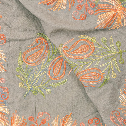 Sanskriti Vintage Long Gray Pure Woolen Aari Embroidered Neck Shawl Warm Stole