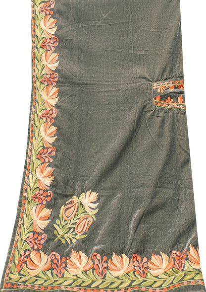 Sanskriti Vintage Long Gray Pure Woolen Aari Embroidered Neck Shawl Warm Stole